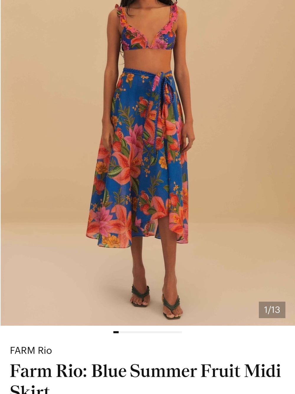 FARM Rio Blue Floral Tie-Sash Midi Skirt summer fruit